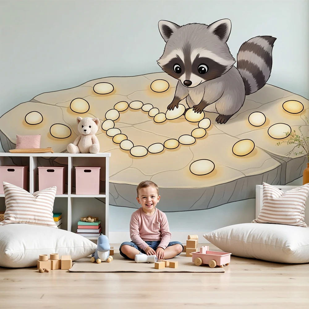 Papel de parede crianç | Bonito guaxinim criando um coração com ovos