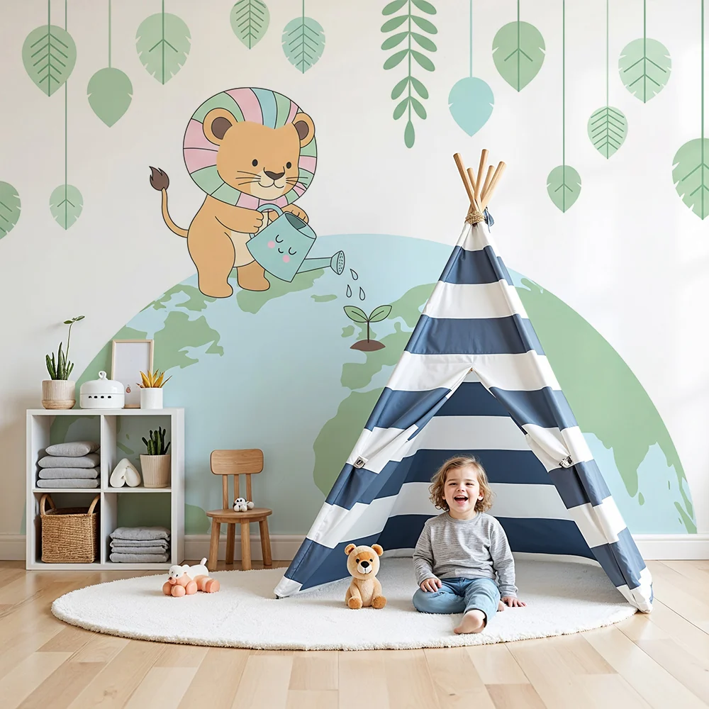 Papel de parede crianç | Bonito leão regando uma planta na Terra