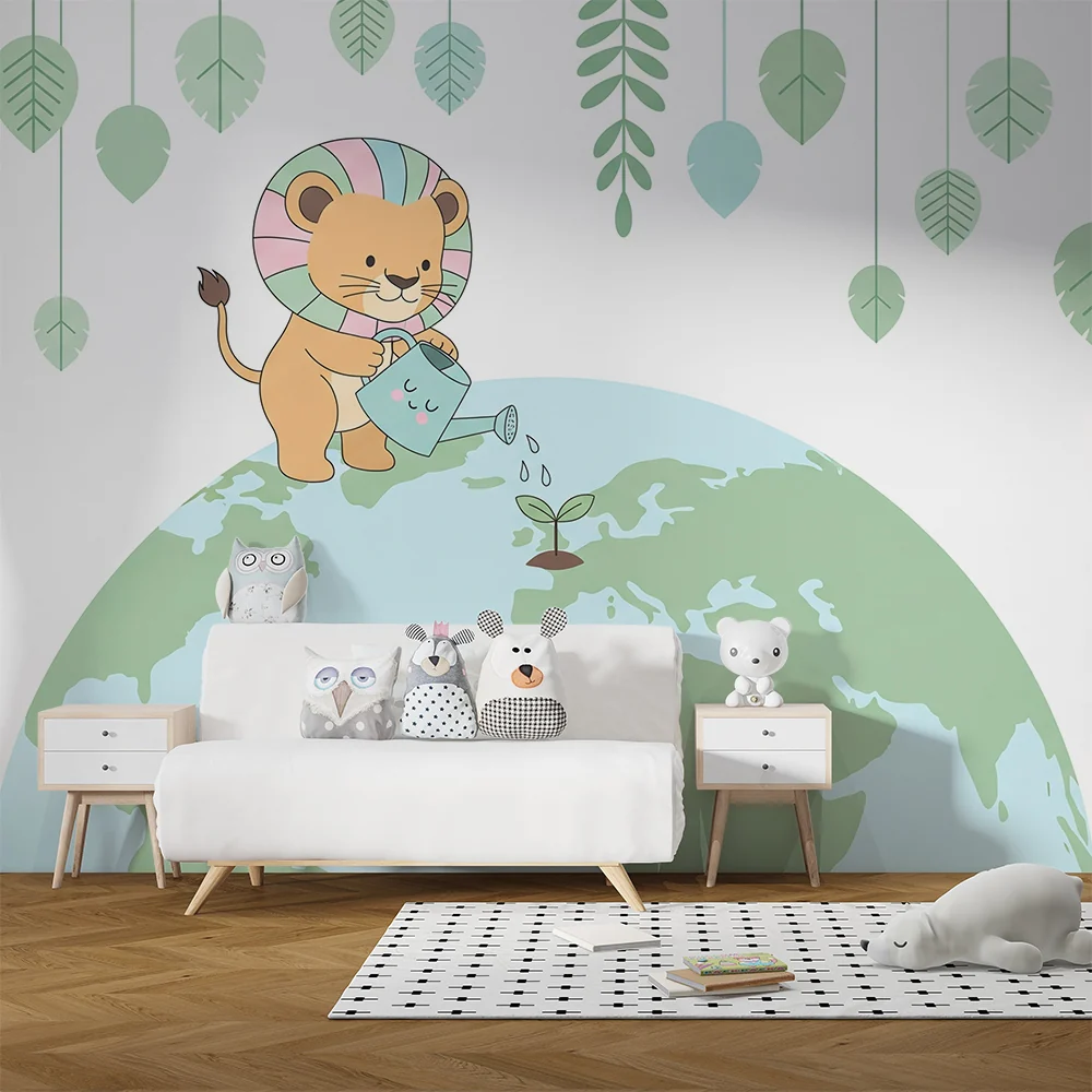 Papel de parede crianç | Bonito leão regando uma planta na Terra