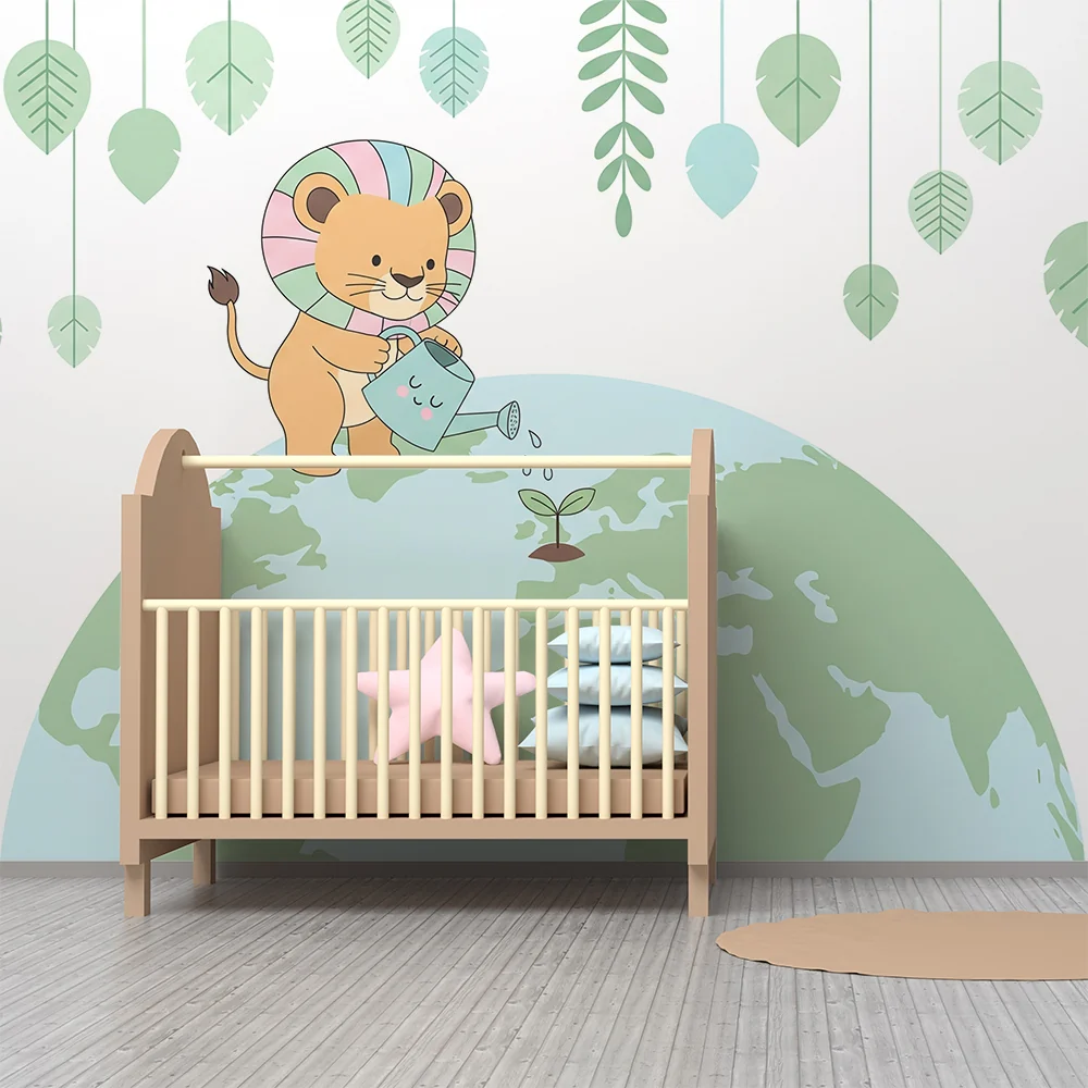 Papel de parede crianç | Bonito leão regando uma planta na Terra