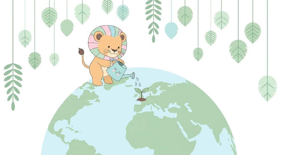 Papel de parede crianç | Bonito leão regando uma planta na Terra