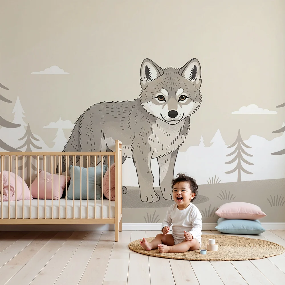 Papel de parede crianç | Bonito lobo em uma paisagem florestal tranquila