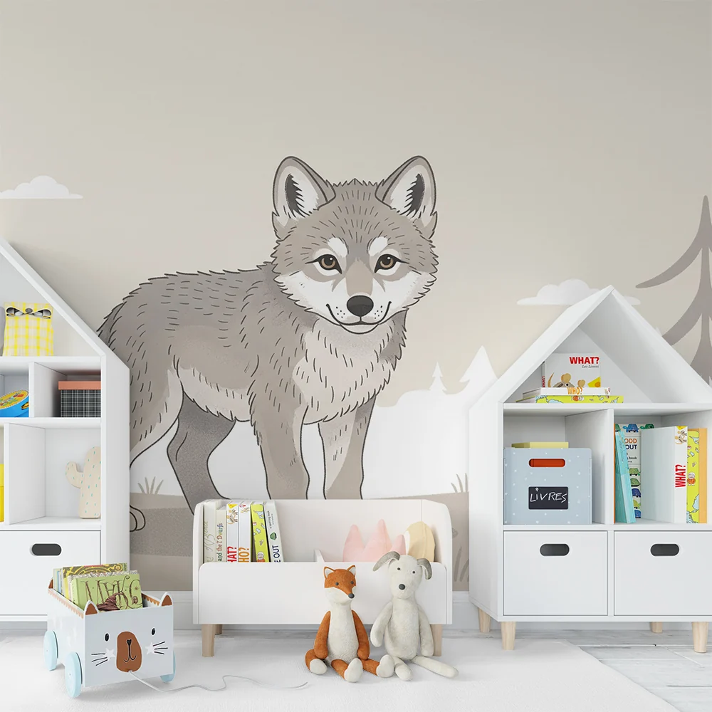 Papel de parede crianç | Bonito lobo em uma paisagem florestal tranquila