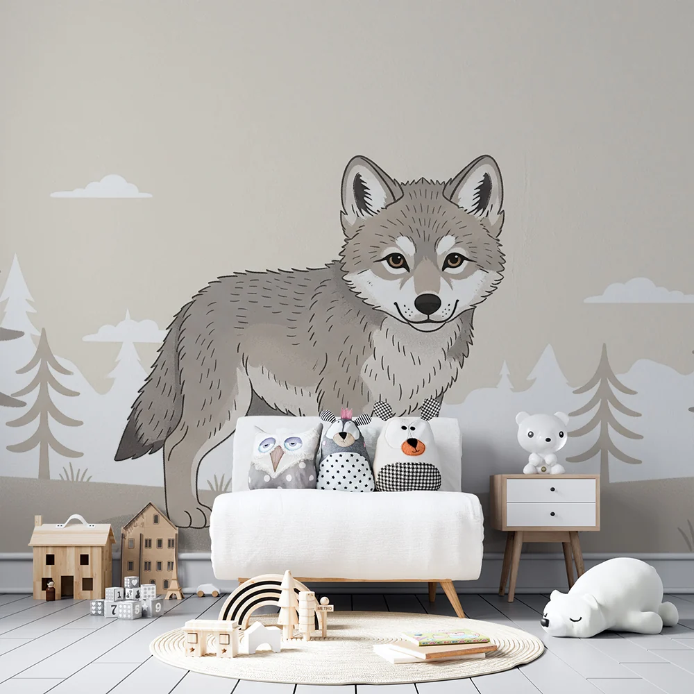 Papel de parede crianç | Bonito lobo em uma paisagem florestal tranquila