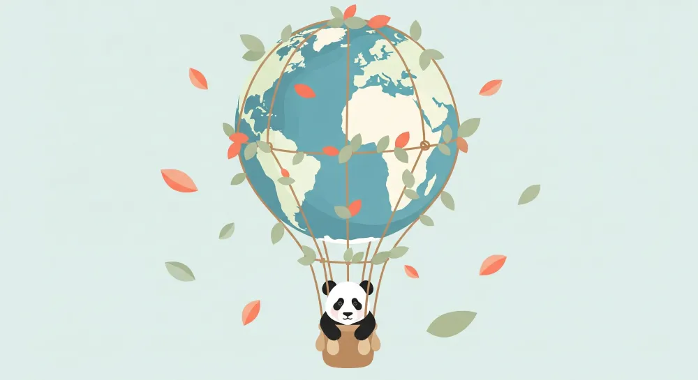 Papel de parede crianç | Bonito panda em um balão dirigível acima do mundo