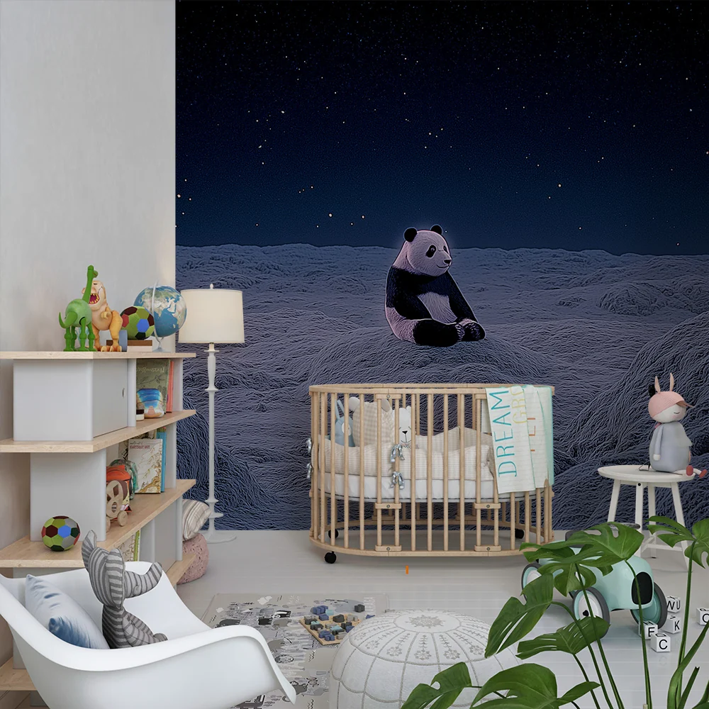 Papel de parede crianç | Bonito panda na lua sob um céu estrelado