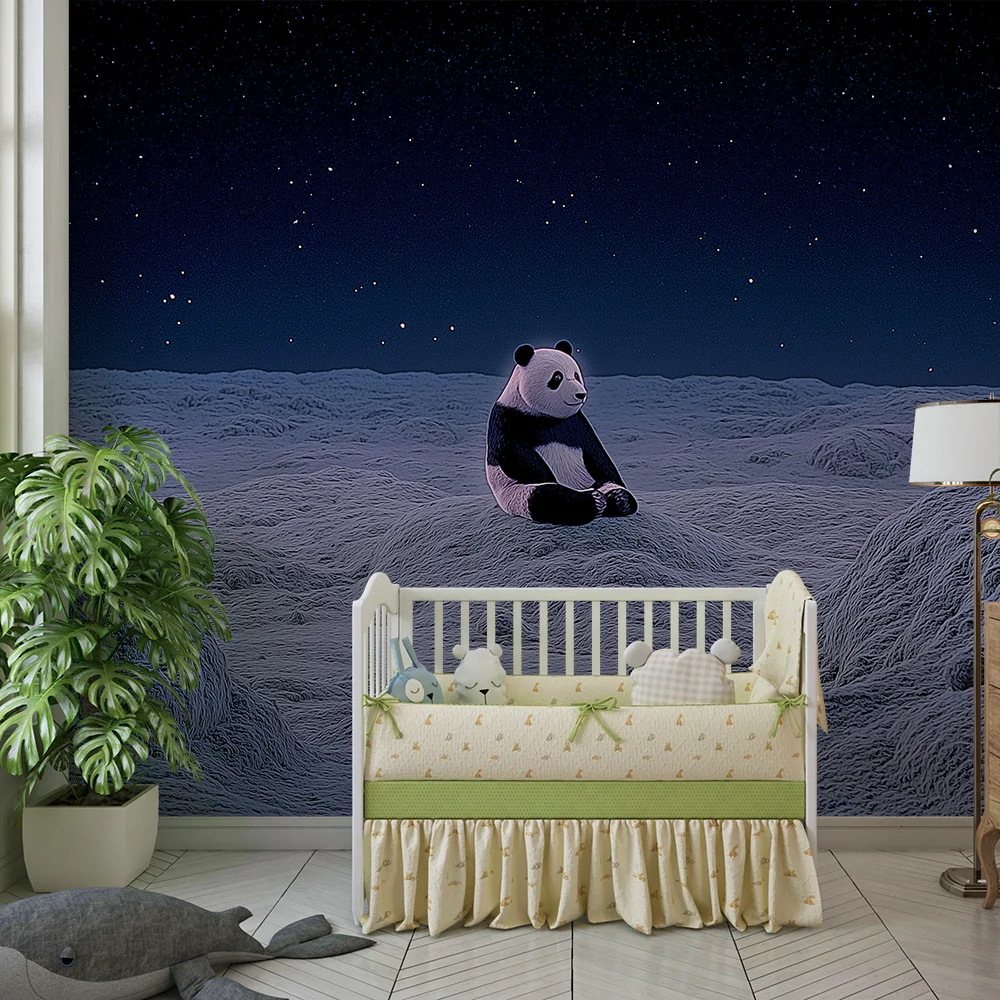 Papel de parede crianç | Bonito panda na lua sob um céu estrelado