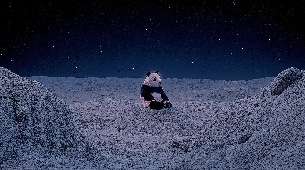 Papel de parede crianç | Bonito panda na lua sob um céu estrelado