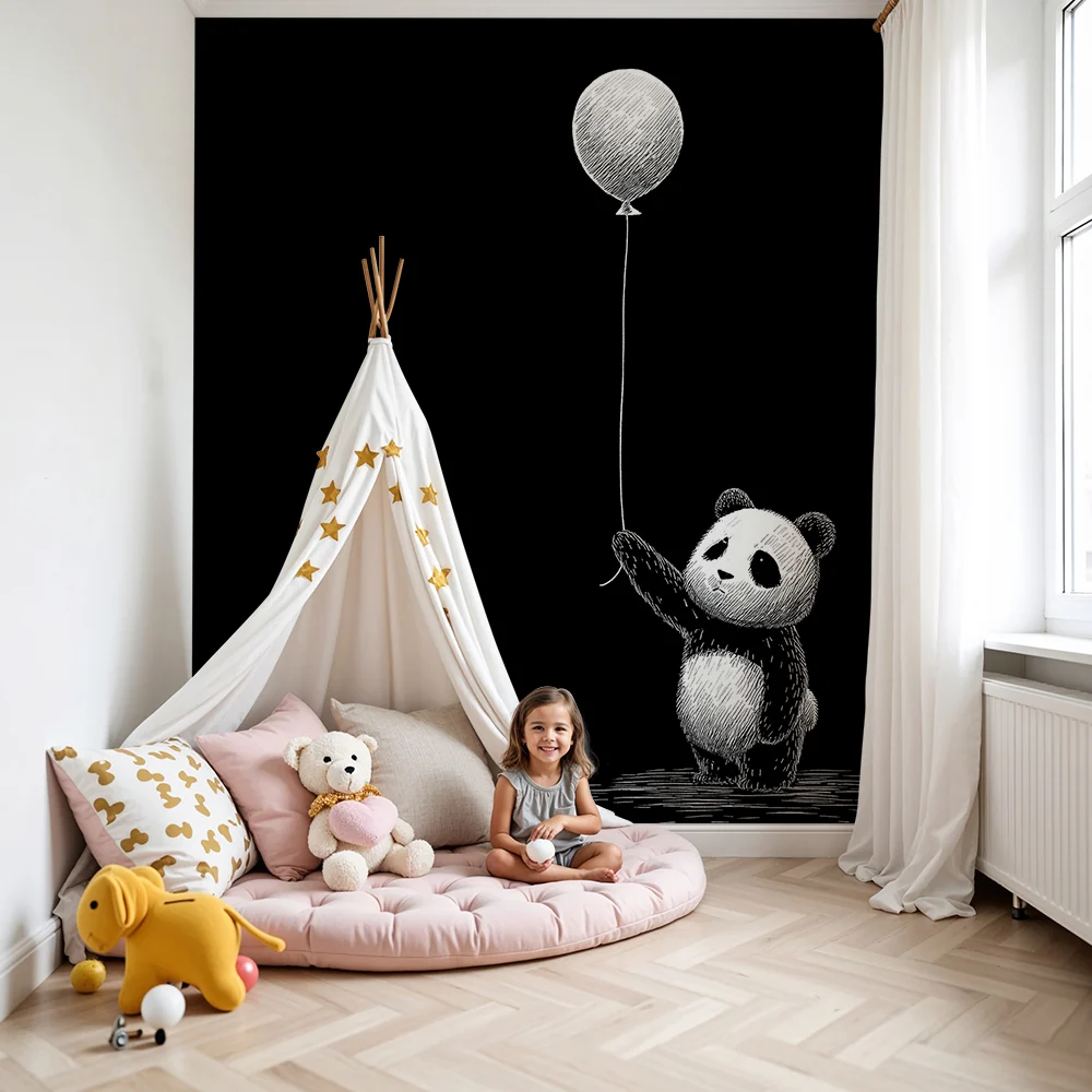 Papel de parede crianç | Bonito panda segurando um balão em fundo preto