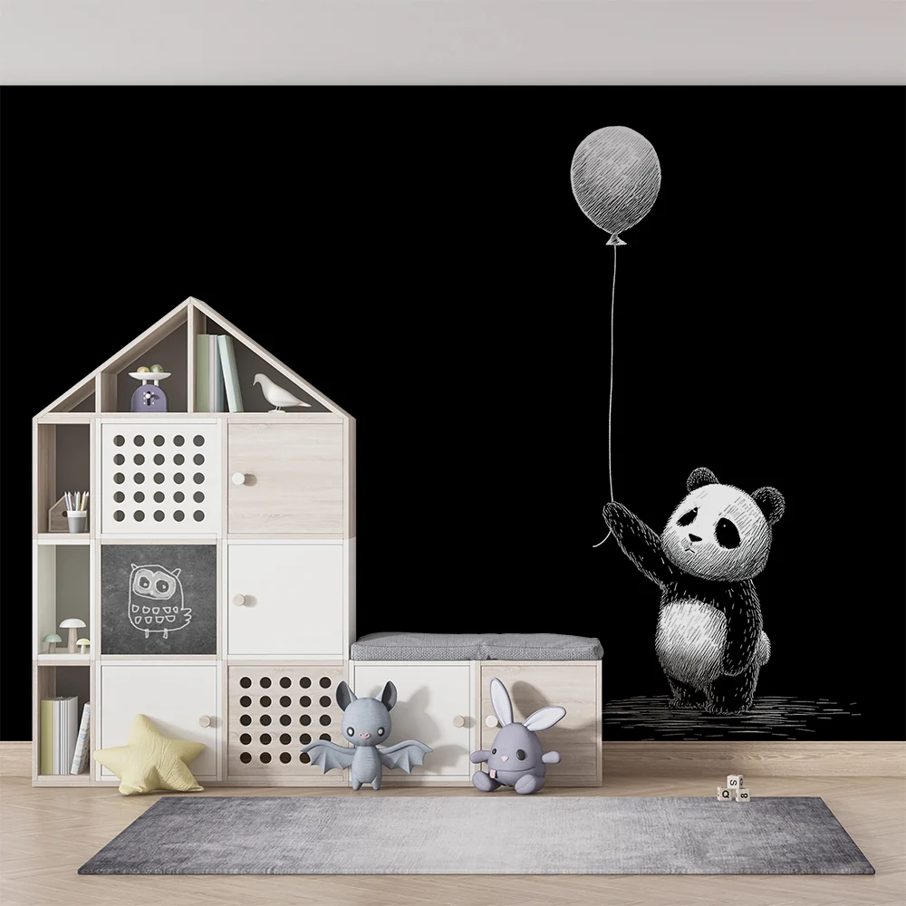 Papel de parede crianç | Bonito panda segurando um balão em fundo preto