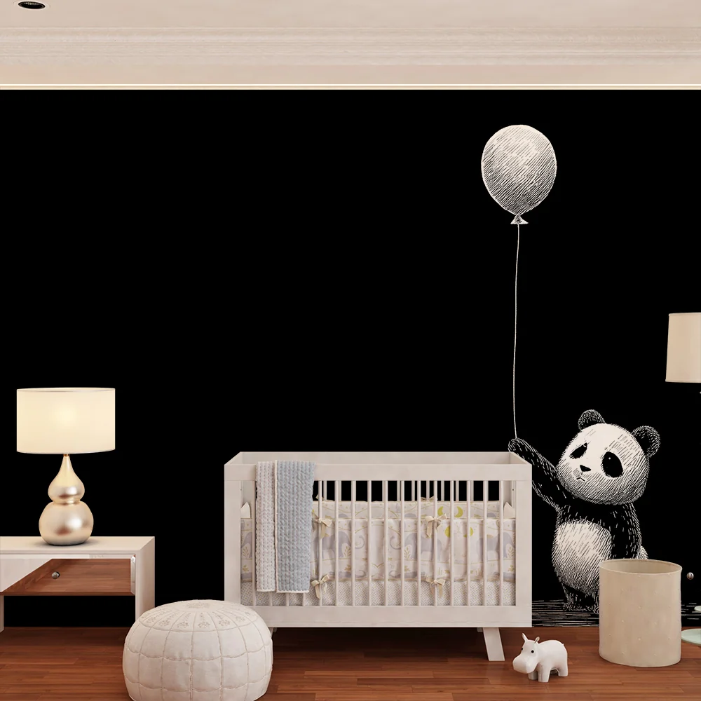 Papel de parede crianç | Bonito panda segurando um balão em fundo preto