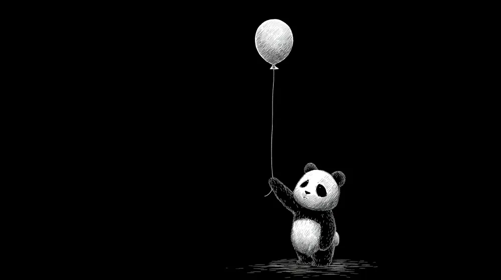 Papel de parede crianç | Bonito panda segurando um balão em fundo preto