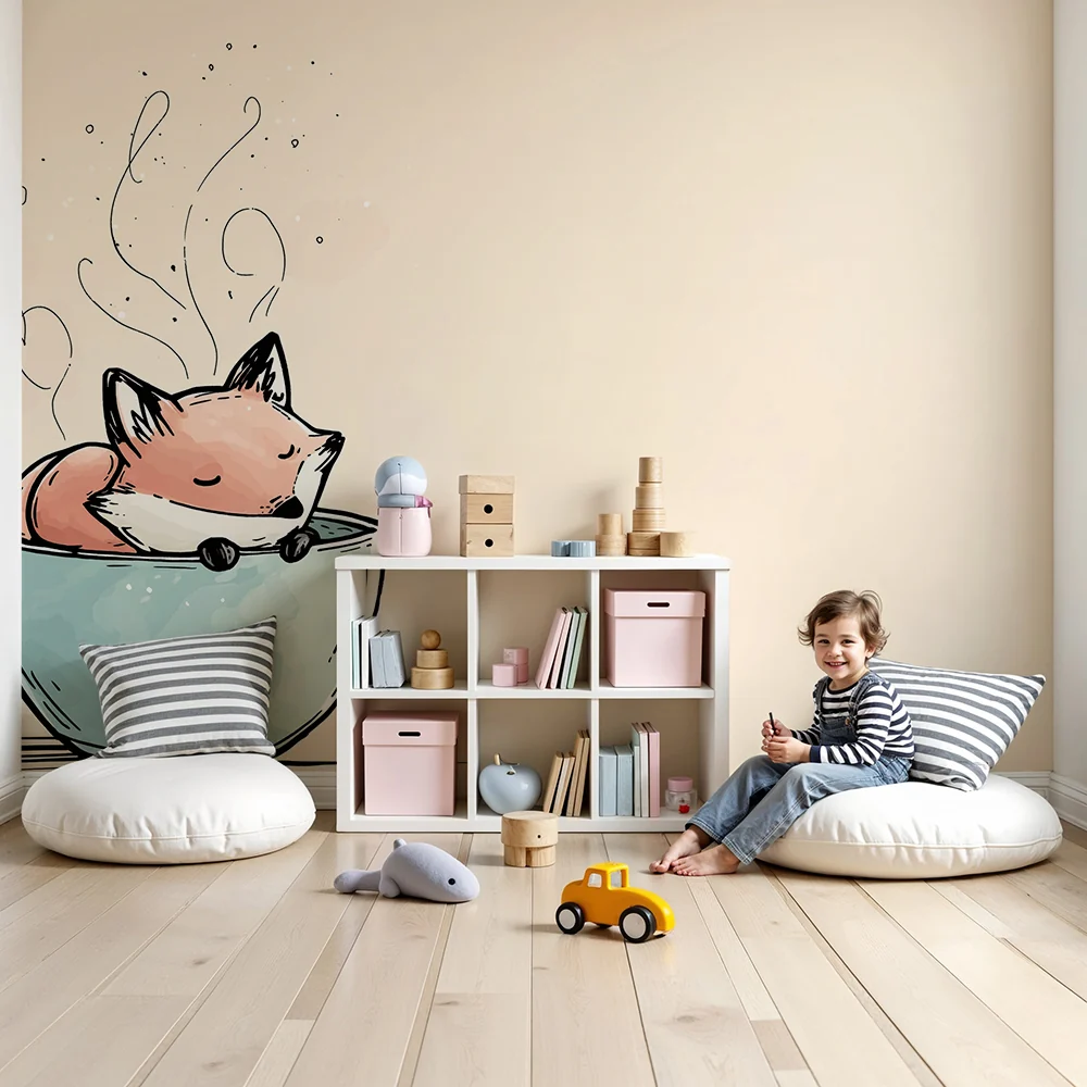 Papel de parede crianç | Bonito raposa em uma xícara com vapor suave