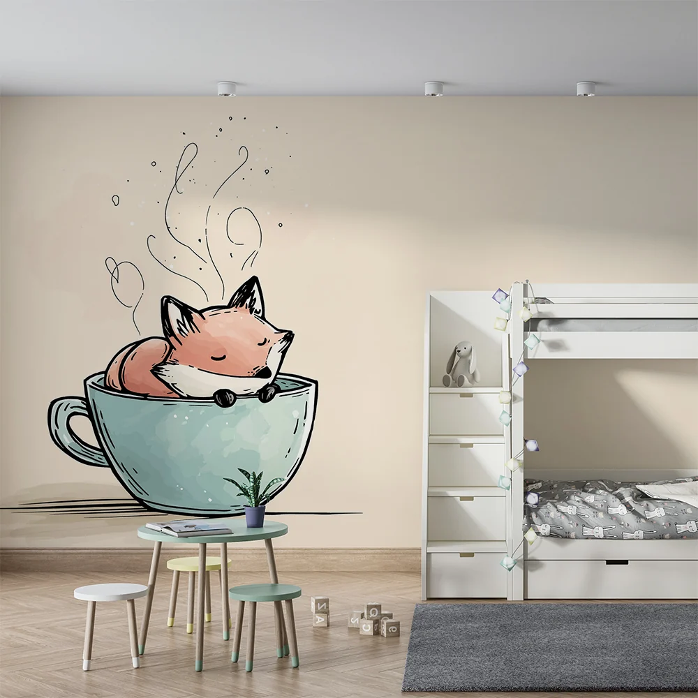 Papel de parede crianç | Bonito raposa em uma xícara com vapor suave