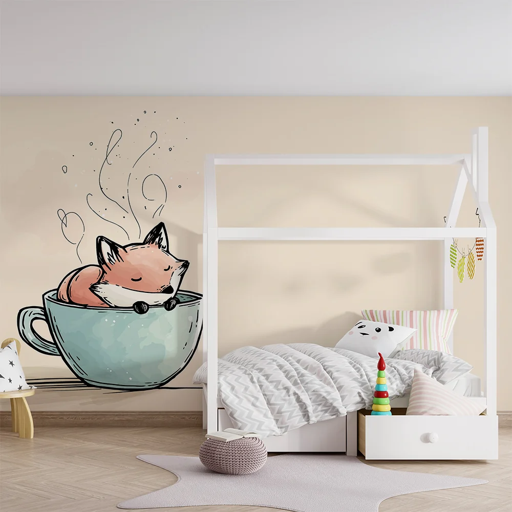 Papel de parede crianç | Bonito raposa em uma xícara com vapor suave