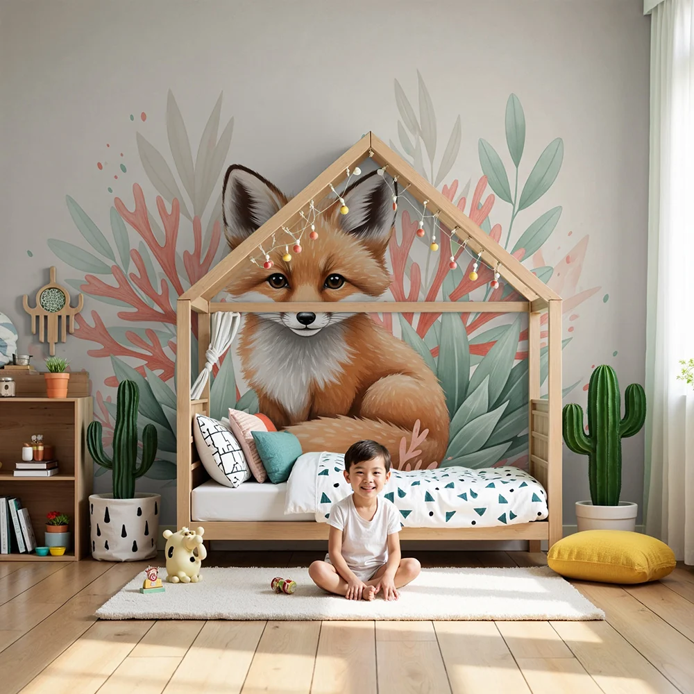 Papel de parede crianç | Bonito raposo rodeado de folhagem colorida
