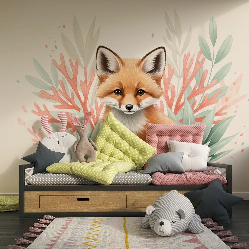 Papel de parede crianç | Bonito raposo rodeado de folhagem colorida