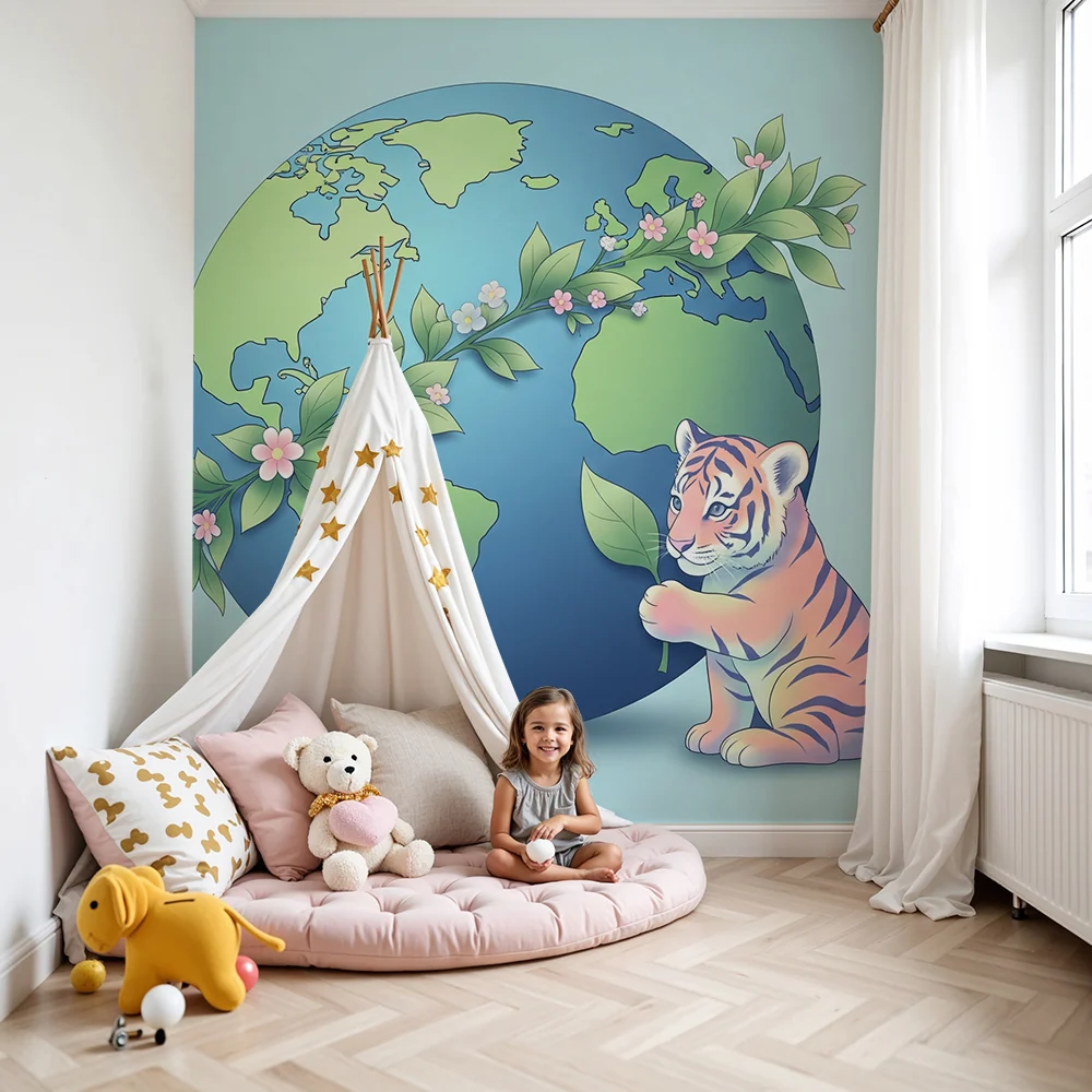 Papel de parede crianç | Bonito tigre e globo terrestre com folhagem floral
