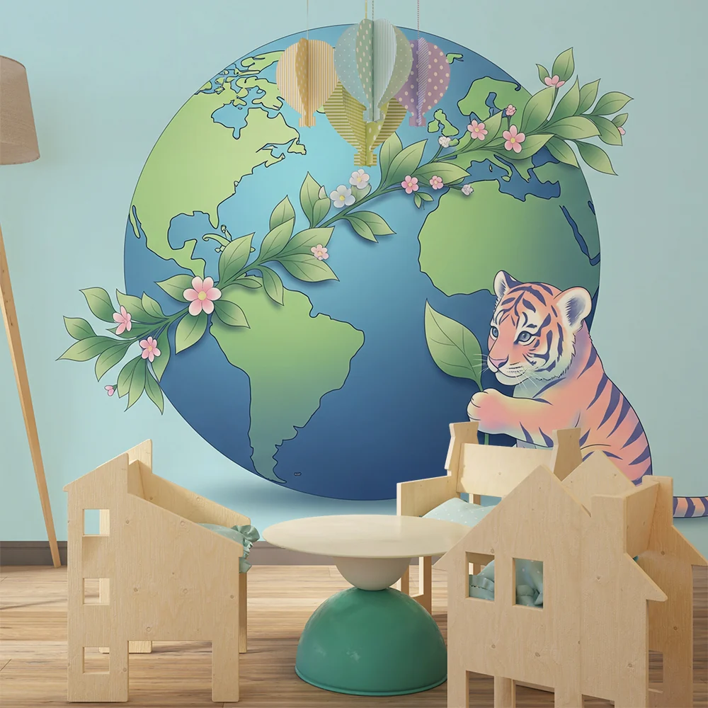 Papel de parede crianç | Bonito tigre e globo terrestre com folhagem floral