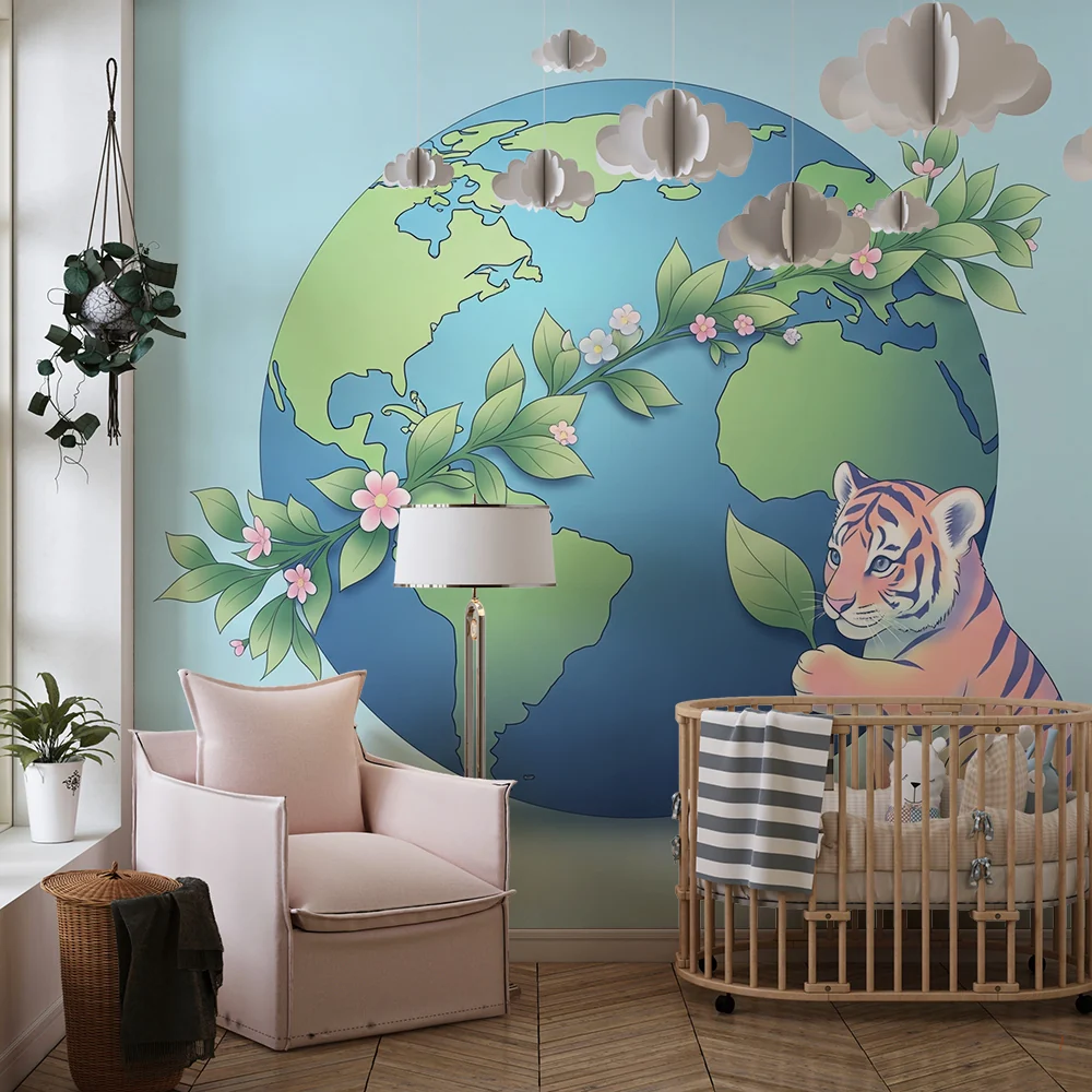 Papel de parede crianç | Bonito tigre e globo terrestre com folhagem floral