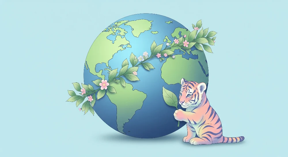 Papel de parede crianç | Bonito tigre e globo terrestre com folhagem floral