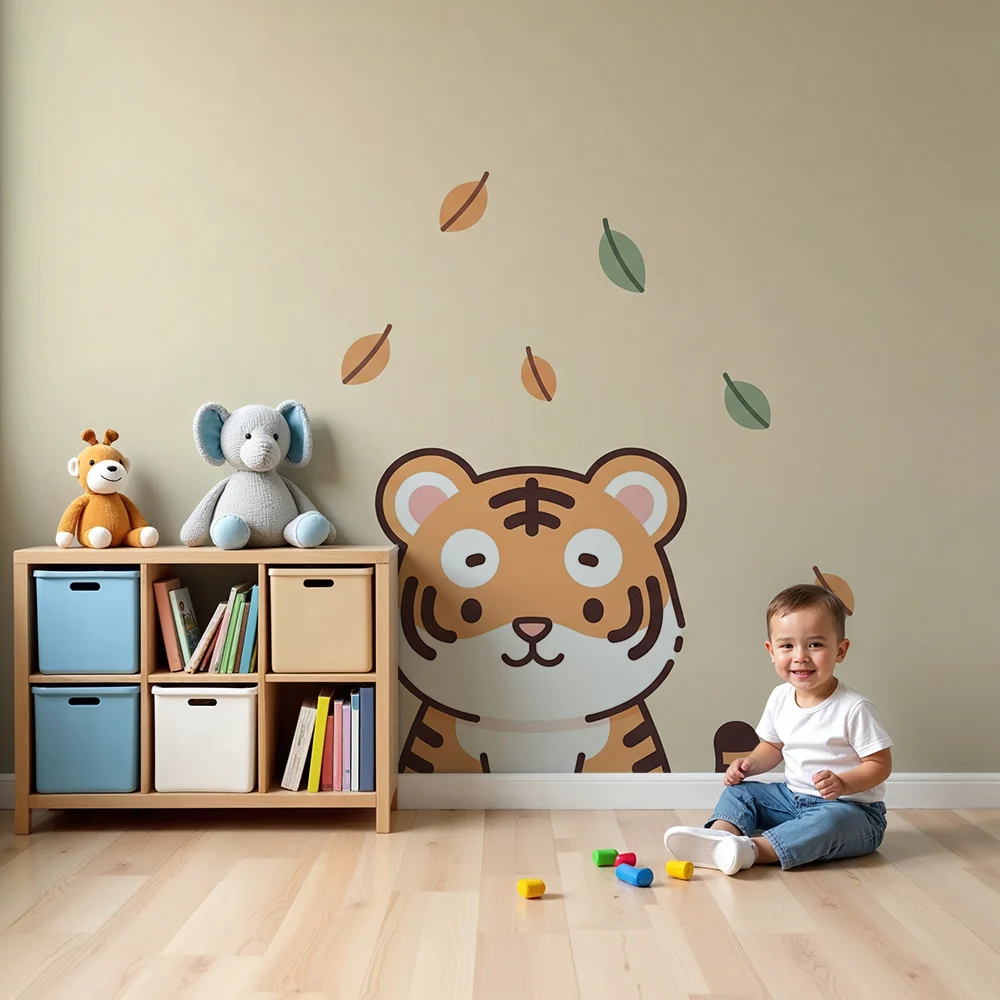 Papel de parede crianç | Bonito tigre sob folhas coloridas