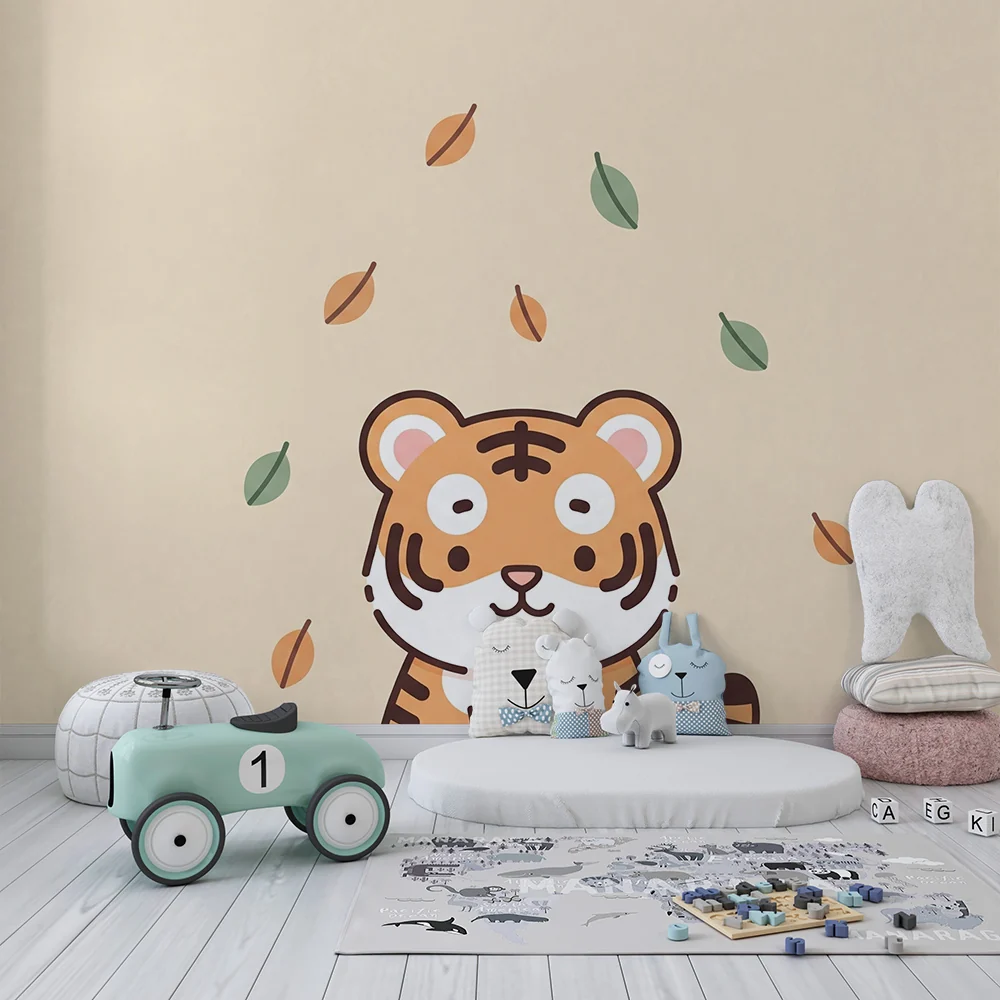 Papel de parede crianç | Bonito tigre sob folhas coloridas