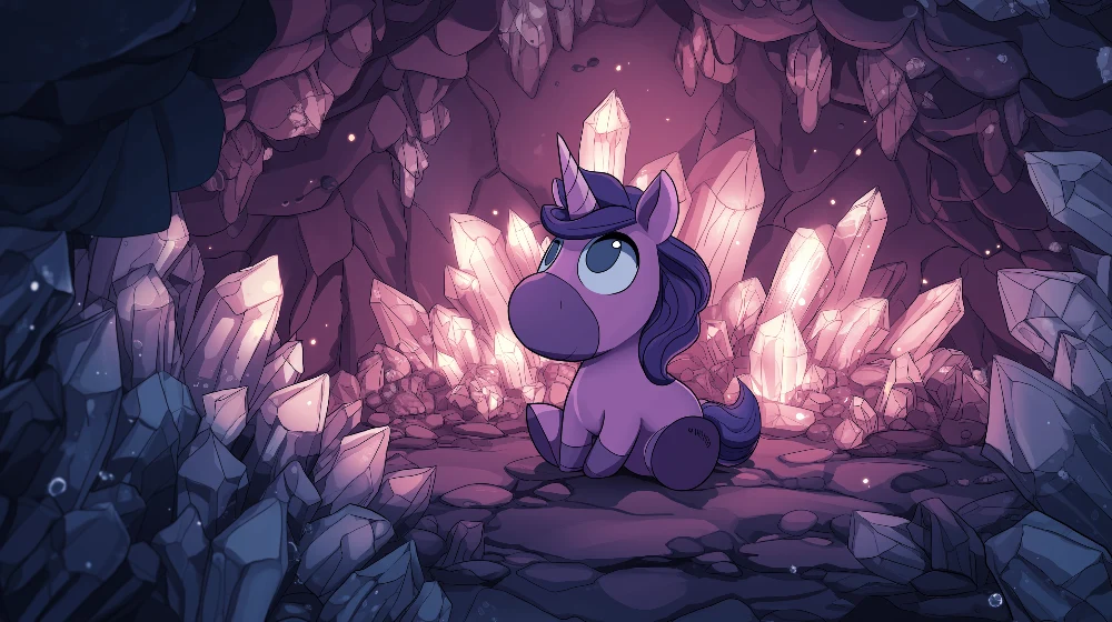 Papel de parede crianç | Bonito unicórnio em uma caverna de cristais brilhantes