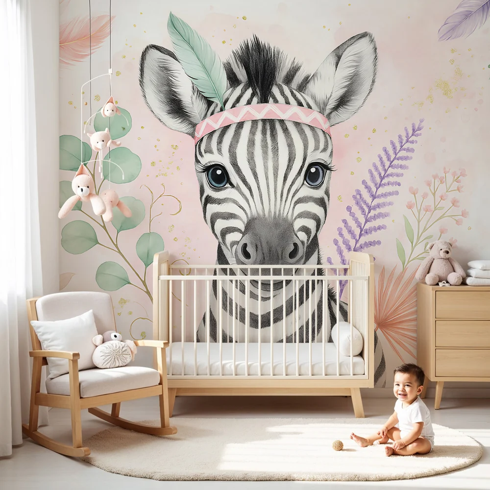 Papel de parede crianç | Bonito zebra com coroa de flores