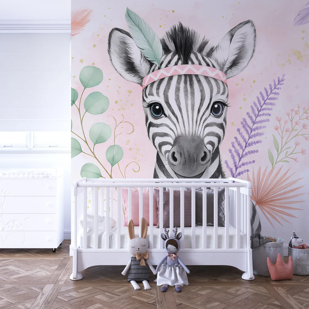 Papel de parede crianç | Bonito zebra com coroa de flores