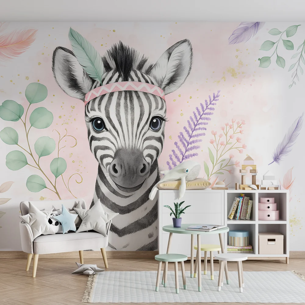 Papel de parede crianç | Bonito zebra com coroa de flores