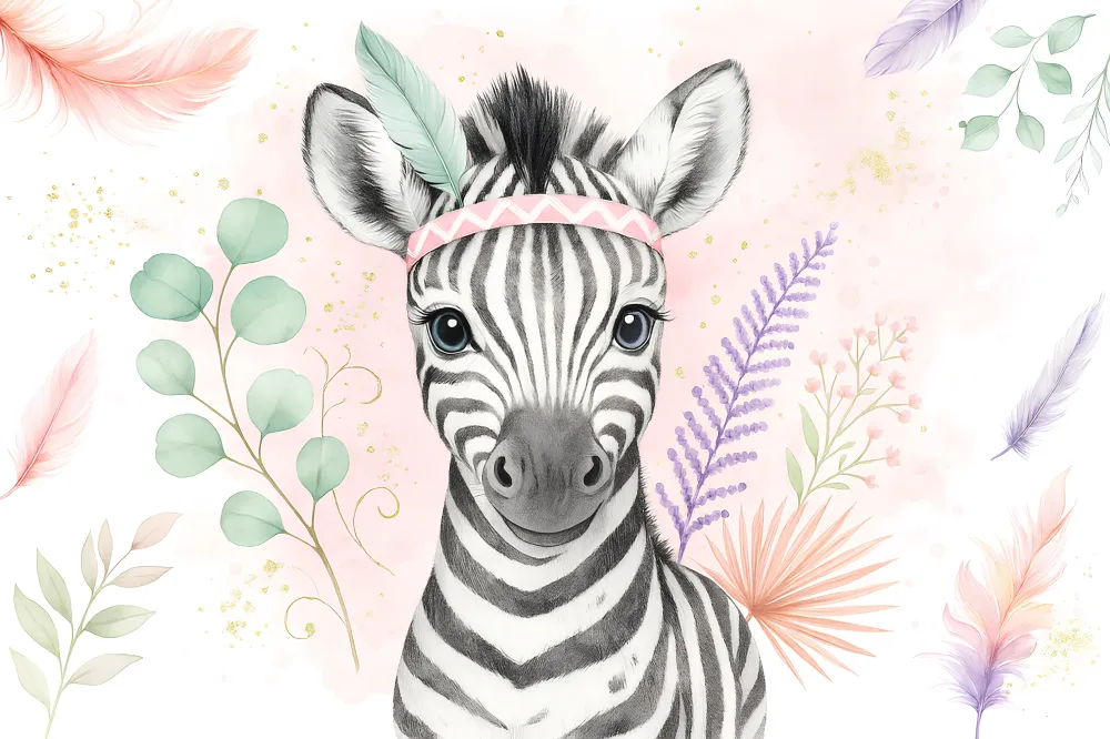 Papel de parede crianç | Bonito zebra com coroa de flores