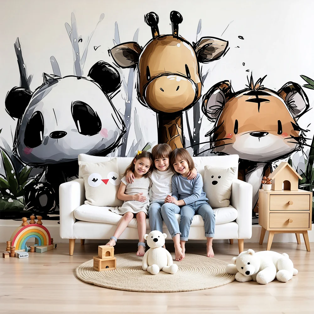Papel de parede crianç | Bonitos animais da selva: panda, girafa e tigre