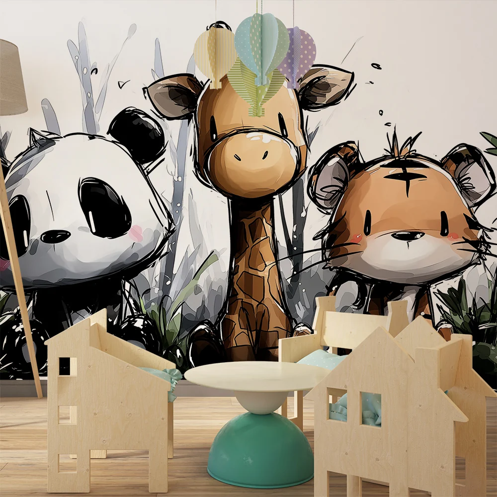Papel de parede crianç | Bonitos animais da selva: panda, girafa e tigre