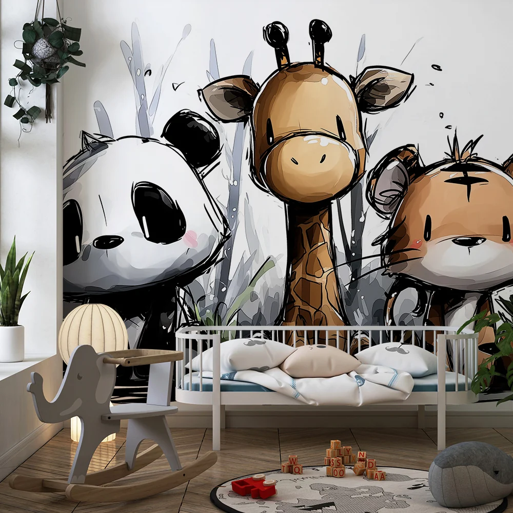 Papel de parede crianç | Bonitos animais da selva: panda, girafa e tigre