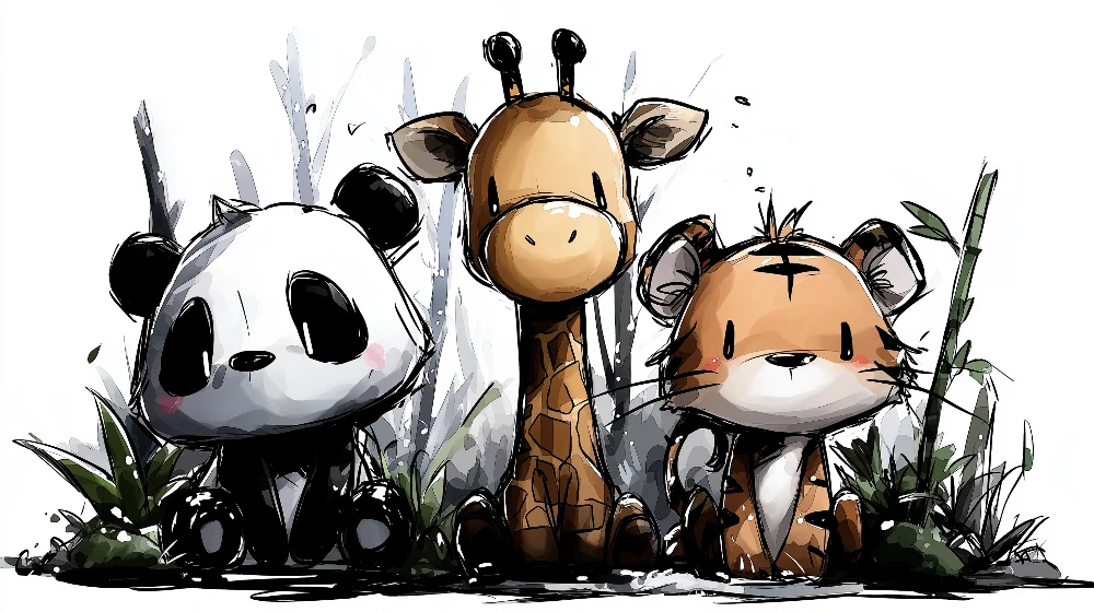 Papel de parede crianç | Bonitos animais da selva: panda, girafa e tigre