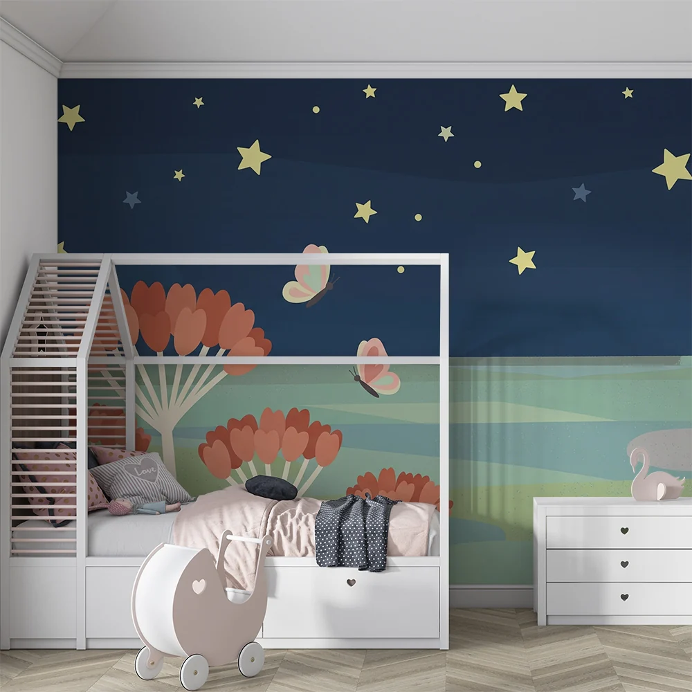 Papel de parede crianç | Borboletas e estrelas em uma paisagem noturna