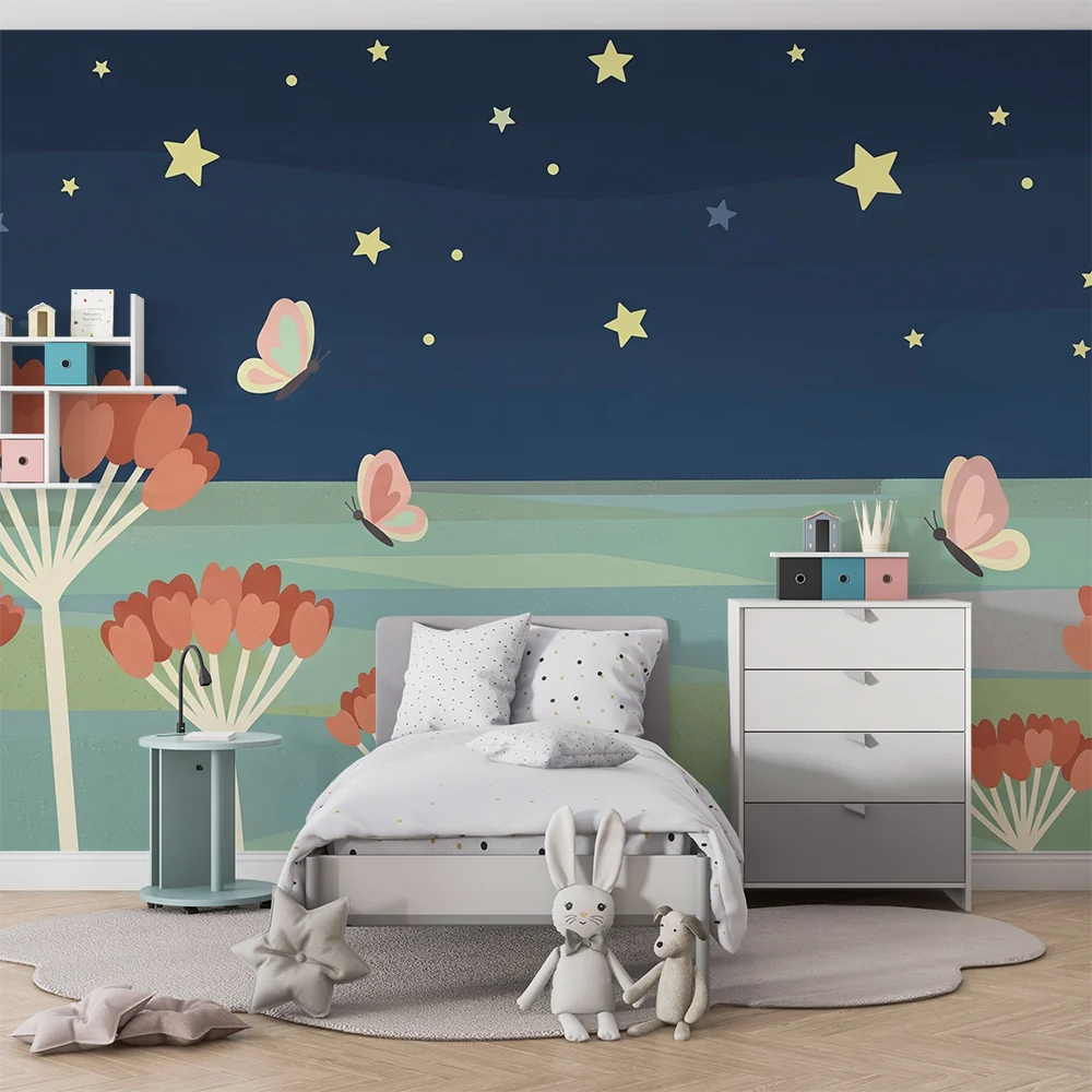 Papel de parede crianç | Borboletas e estrelas em uma paisagem noturna