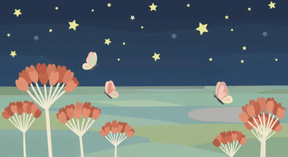 Papel de parede crianç | Borboletas e estrelas em uma paisagem noturna