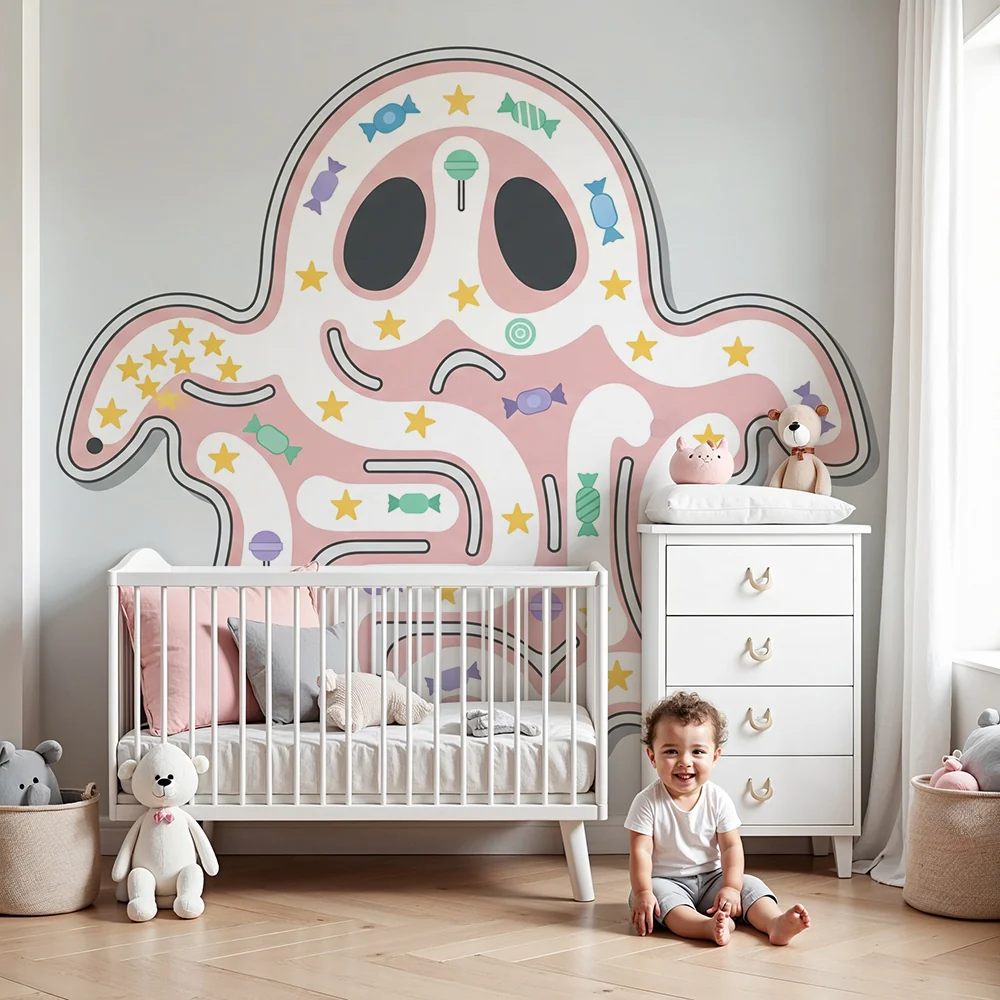 Papel de parede crianç | Brincalhão fantasma com doces coloridos e estrelas