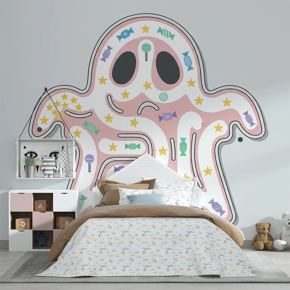 Papel de parede crianç | Brincalhão fantasma com doces coloridos e estrelas