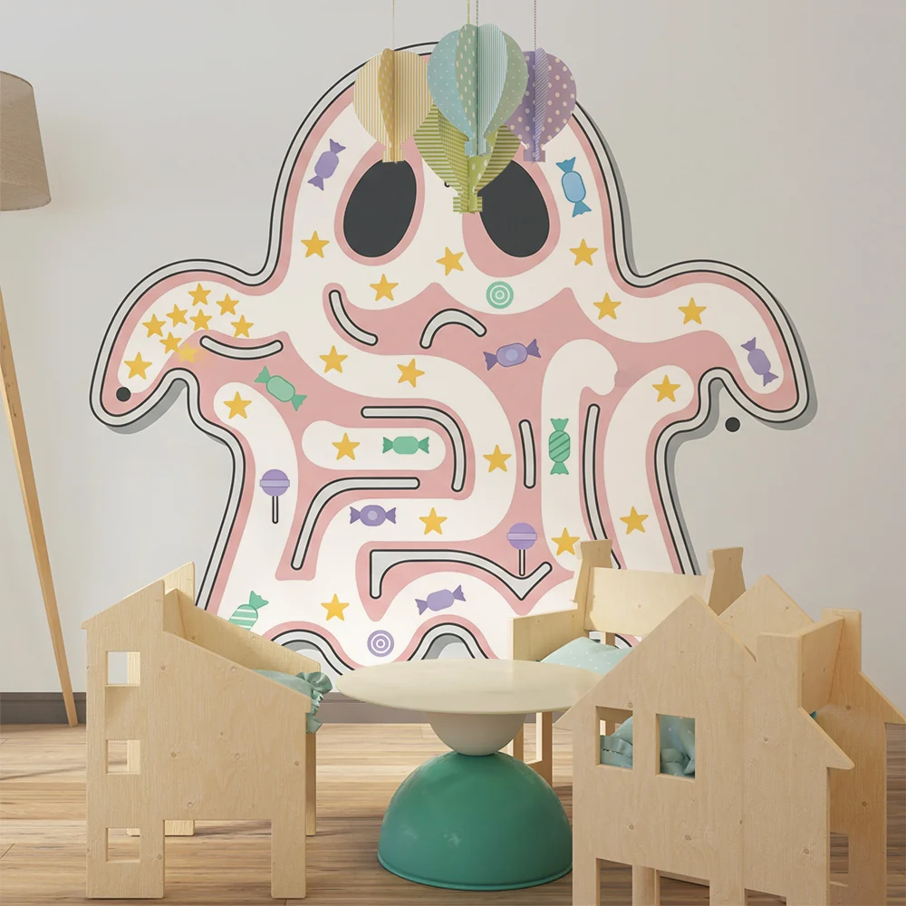 Papel de parede crianç | Brincalhão fantasma com doces coloridos e estrelas