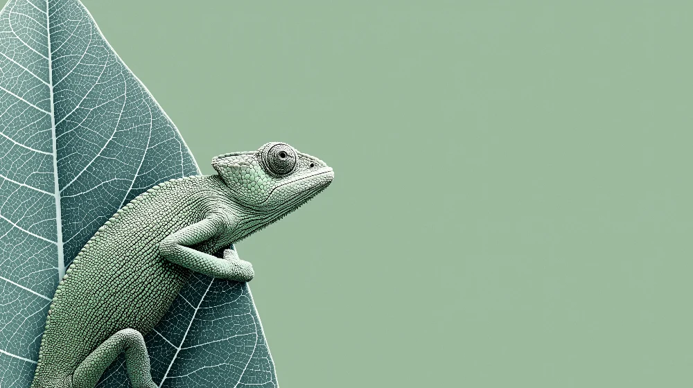 Papel de parede crianç | Camaleão verde em um fundo de folhas delicadas