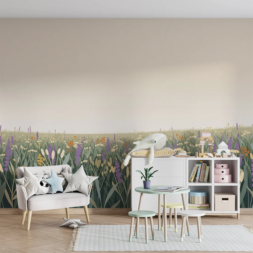 Papel de parede crianç | Campo de flores coloridas e tranquilizantes