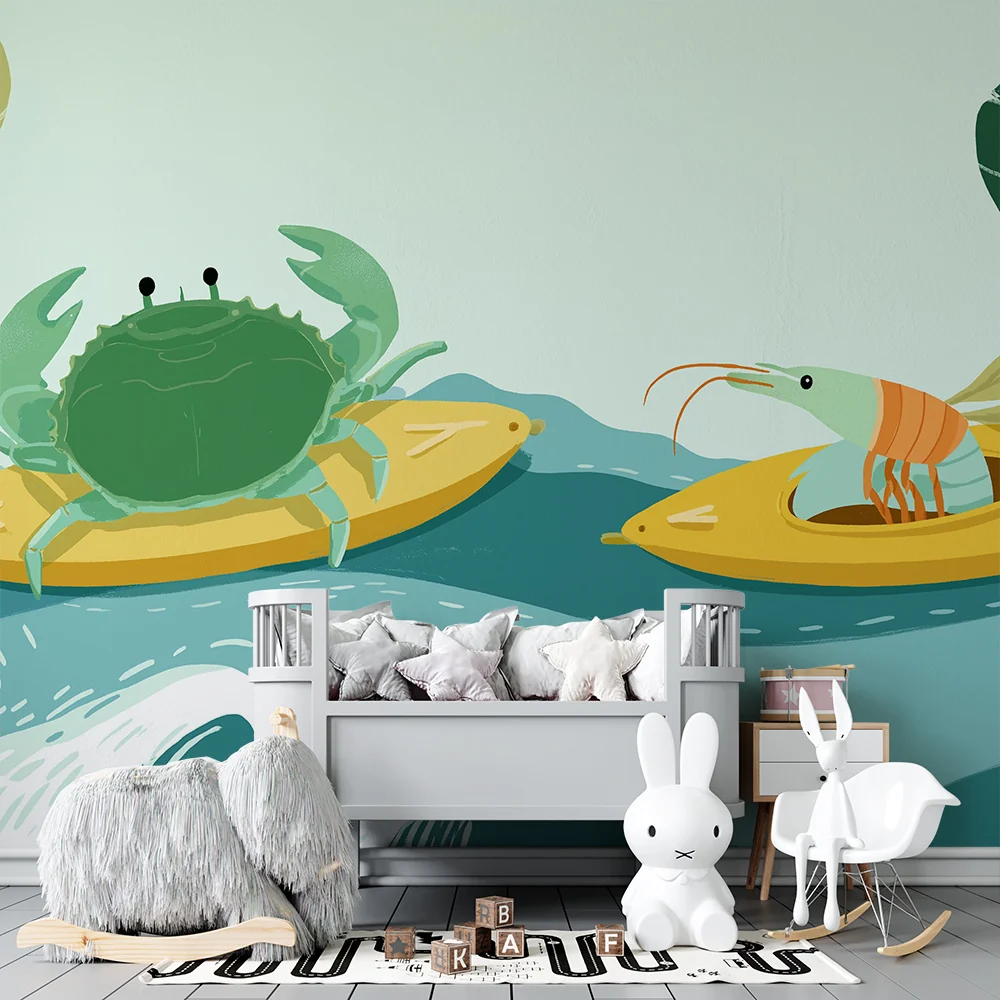 Papel de parede crianç | Caranguejo e camarão de caiaque em ondas coloridas