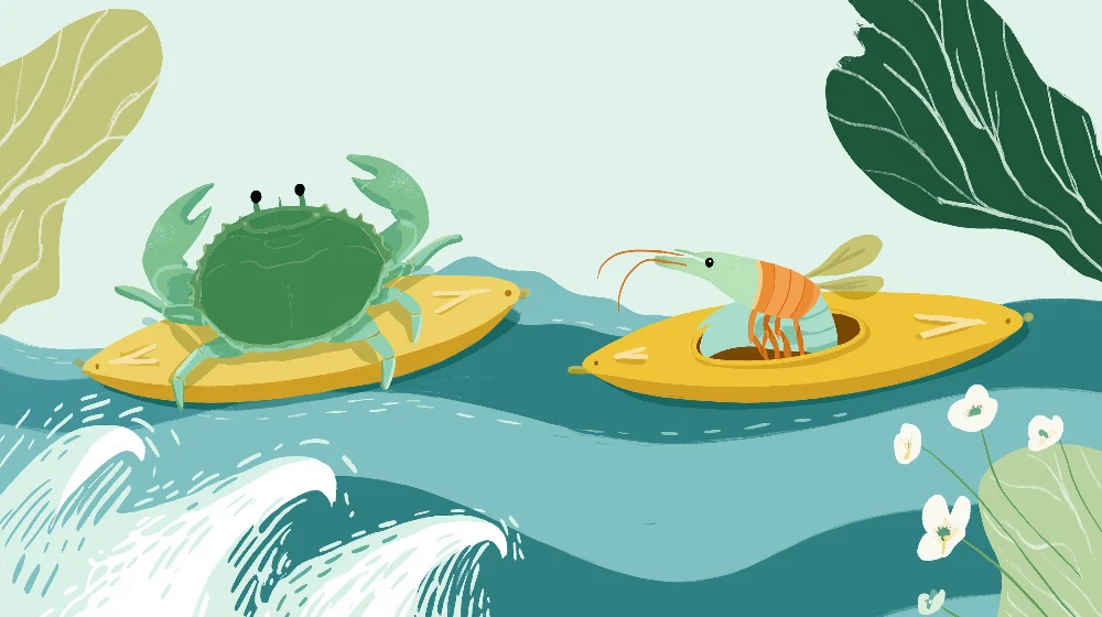 Papel de parede crianç | Caranguejo e camarão de caiaque em ondas coloridas