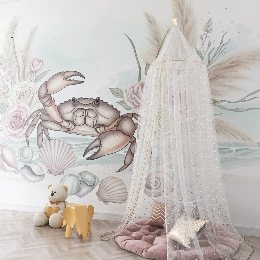 Papel de parede crianç | Caranguejo e conchas no meio de flores delicadas
