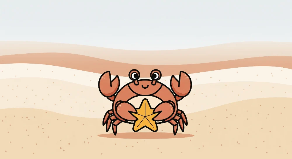 Papel de parede crianç | Caranguejo sorridente com uma estrela do mar na areia