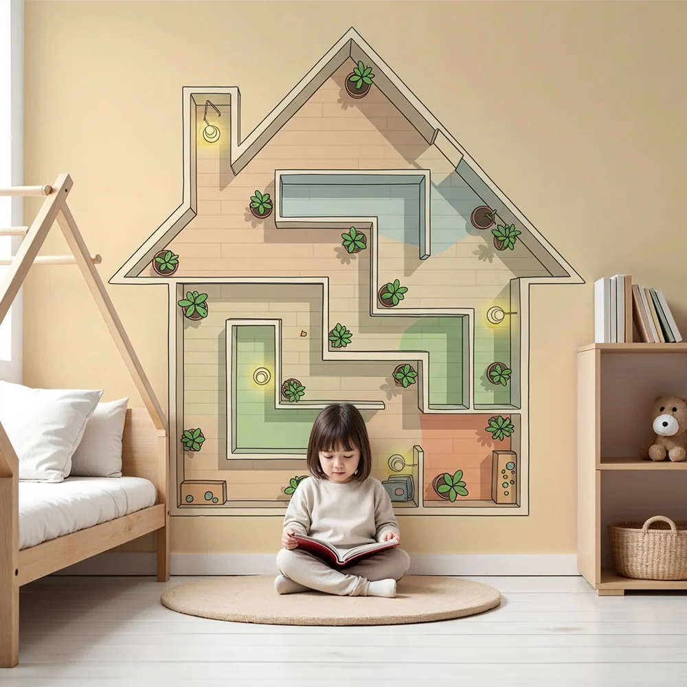 Papel de parede crianç | Casa lúdica com plantas e caminhos coloridos