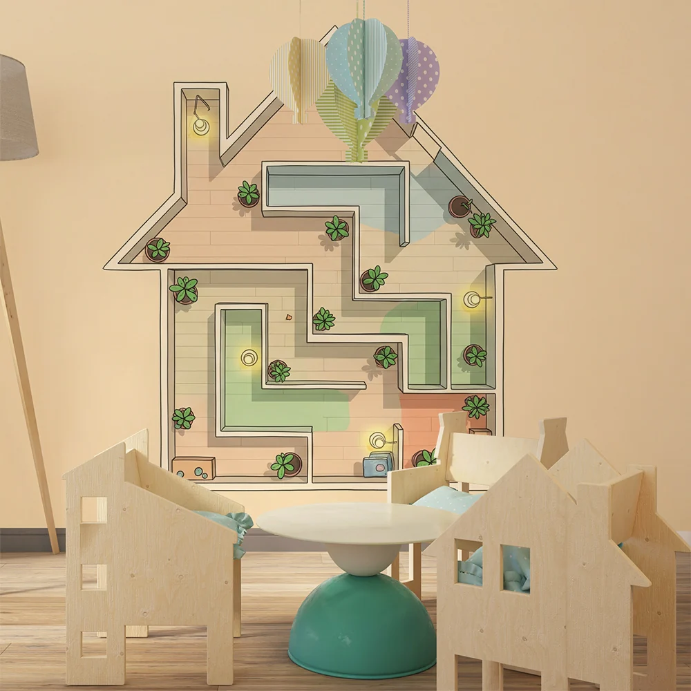 Papel de parede crianç | Casa lúdica com plantas e caminhos coloridos